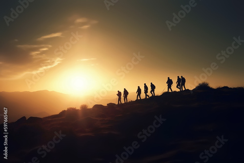 Generative Ai image of a group of people hiking at sunset