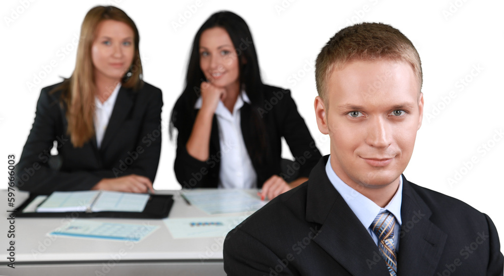 Fototapeta premium Young businessman and women working together in office isolated on white background