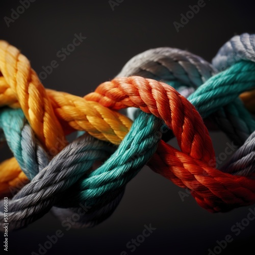 Close-up of colorful ropes tied on a black background.