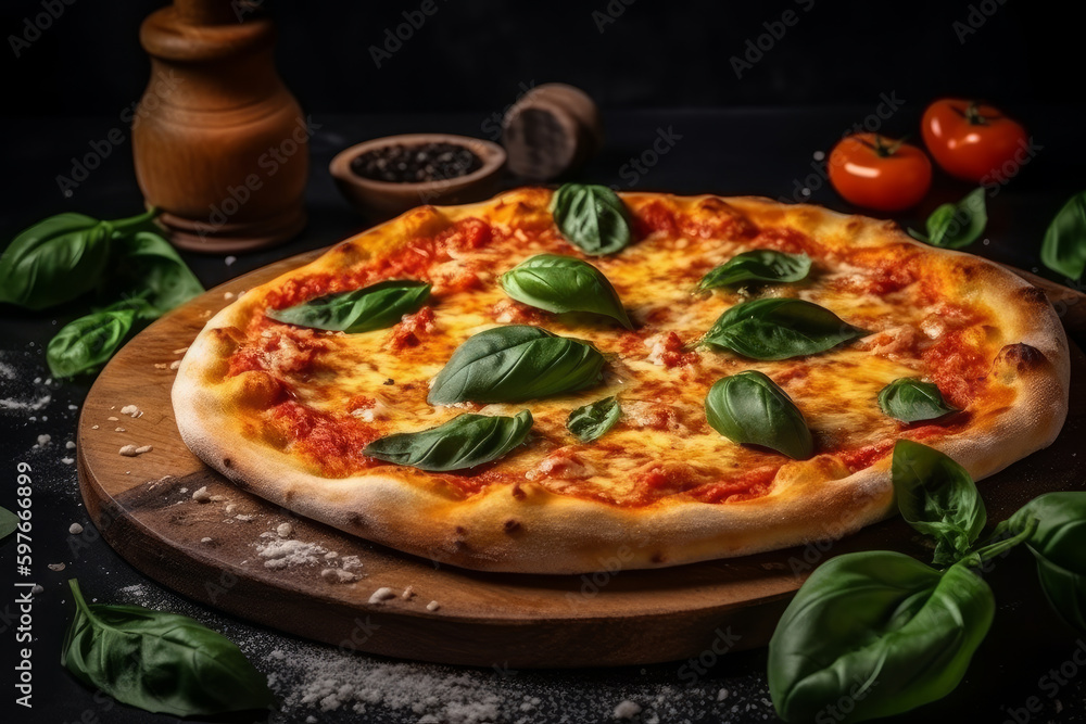 Pizza Margherita, Italian food. AI Generated.