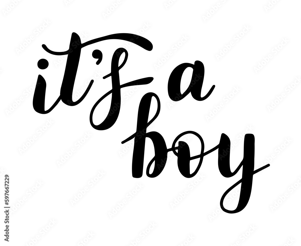 It's a boy, lettering written with elegant calligraphic font. Isolated inscription in black. Gender party concept.