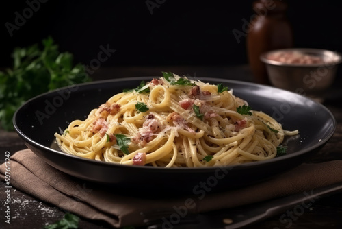 Spaghetti alla carbonara, Italian food. AI Generated.