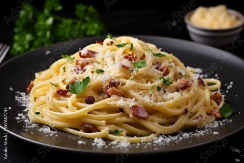 Spaghette alla carbonara, Italian food. AI Generated.