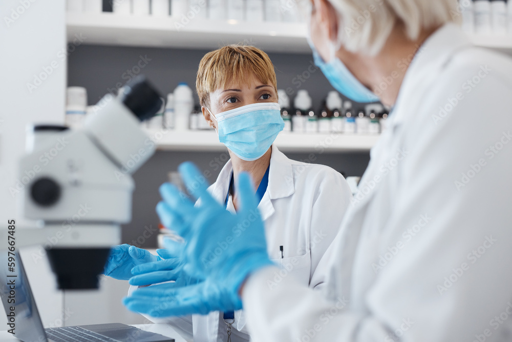 Science women, talking and research in a laboratory for scientist investigation or collaboration. Expert medical team in lab with equipment for innovation, future medicine or biotechnology study Science women, talking and research in a laboratory for scientist investigation or collaboration. Expert medical team in lab with equipment for innovation, future medicine or biotechnology study