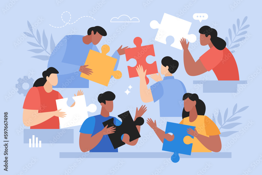 Teamwork business concept. Vector illustration of people connecting puzzle elements and searching for creative solutions