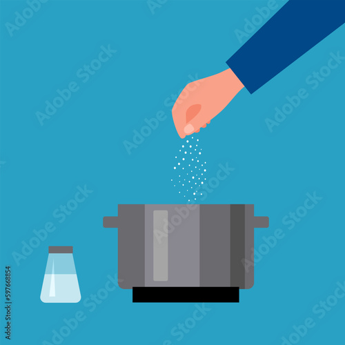 Hand sprinkle sea salt on cooking pot in flat design.