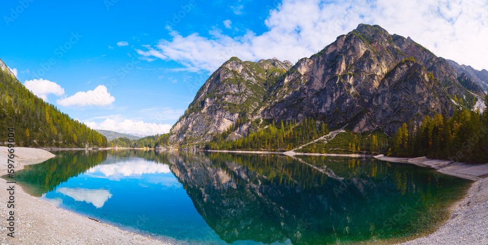 Lake in Dolomites mountains  beautiful landscape, Lago di Braies, South Tyrol, Italy, Europe