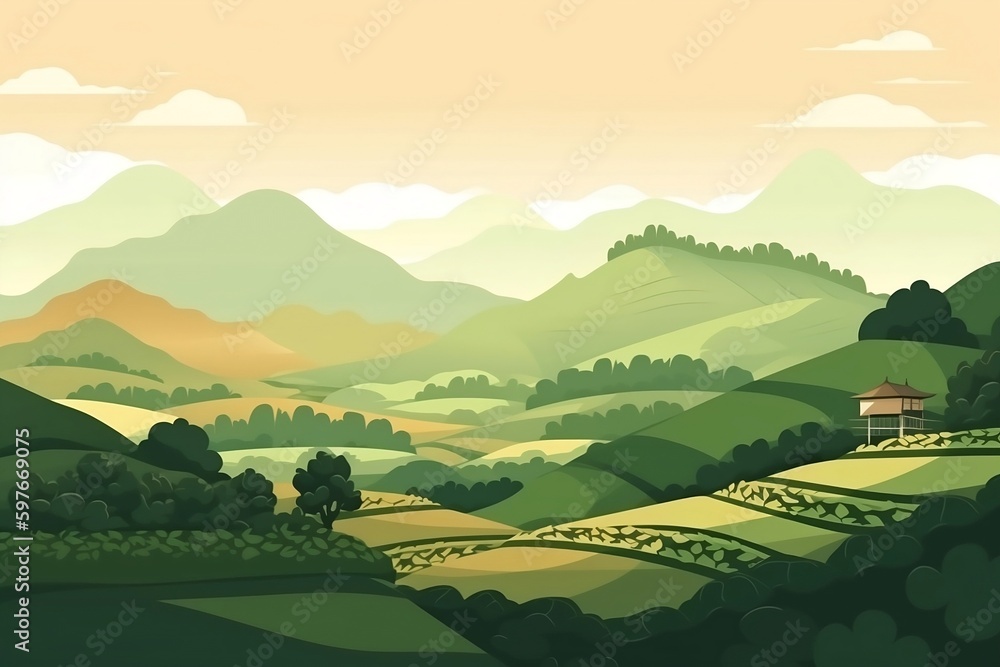 Generative AI. Green tea plantation landscape. Rural farmland fields, hills with greenery and mountain on horizon. Simple graphic. Chinese or Sri Lanka meadows with mountains backdrop. Terraced