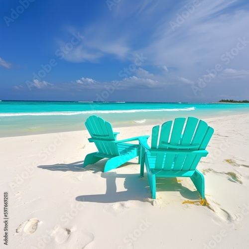 lovely beach. Chairs by the water on the sandy beach. Tourism idea for summer vacations and holidays.