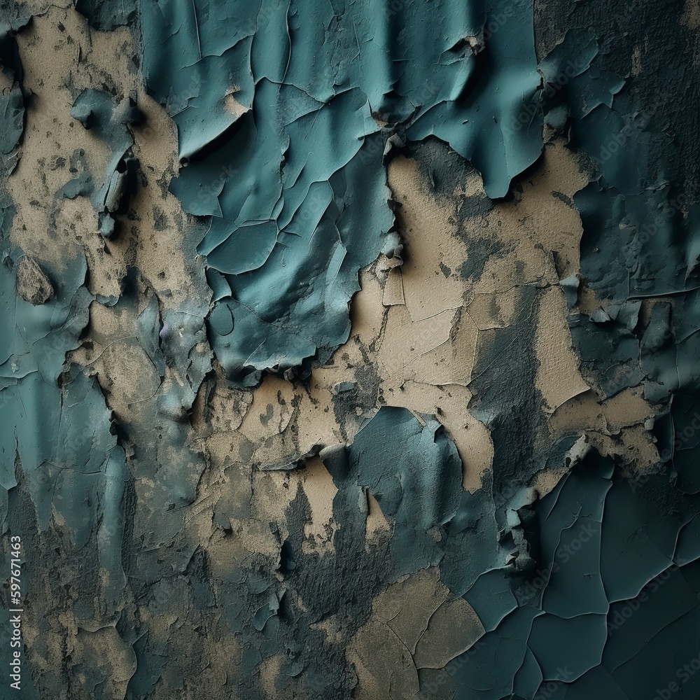 Naklejka premium The wall paint is flaking blue. An ancient concrete wall with peeling, fractured paint. rough, weathered paint surface with peeling and cracking patterns.