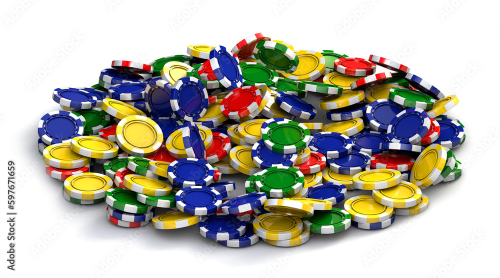 Stack of golden casino chips isolated on white background. Gambling concept. 3d Illustration.