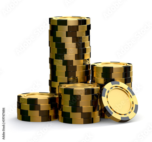 Stack of golden casino chips isolated on white background. Gambling concept. 3d Illustration.