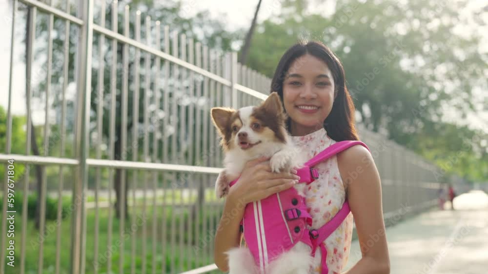 Asian woman holding her chihuahua dog in dog carrier backpack and walking in the city. Domestic dog and owner enjoy urban outdoor lifestyle travel together on summer vacation. Pet Humanization concept Asian woman holding her chihuahua dog in dog carrier backpack and walking in the city. Domestic dog and owner enjoy urban outdoor lifestyle travel together on summer vacation. Pet Humanization concept