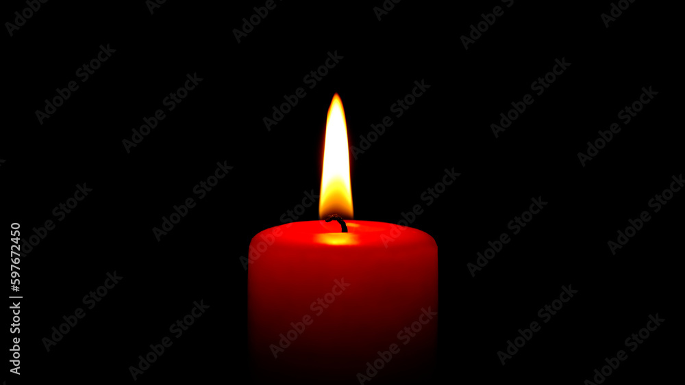 Single red candle flame lights, isolated on a black background Single red candle flame lights, isolated on a black background