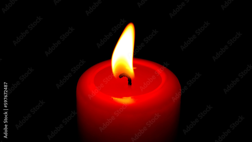 Red candle flame lights, isolated on a black background. Center framing close up Red candle flame lights, isolated on a black background. Center framing close up