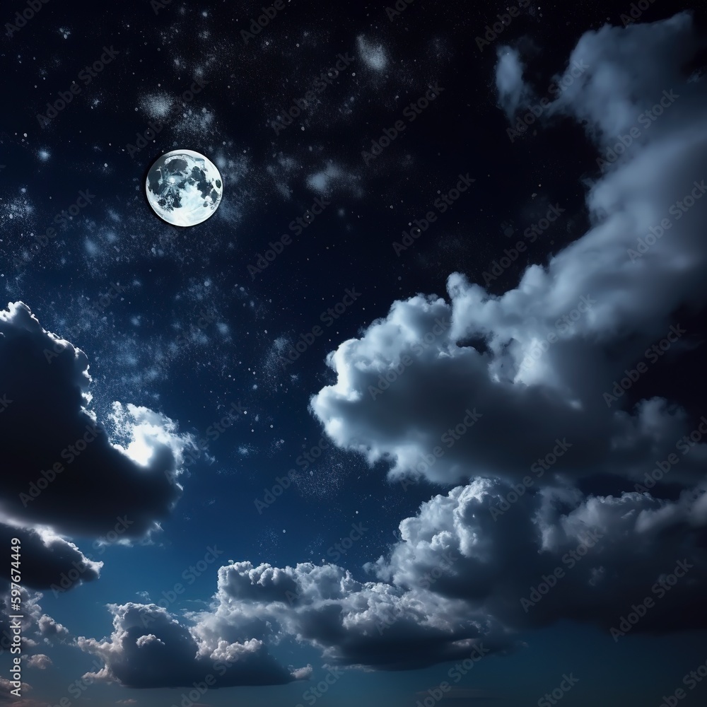 Clouds and a full, bright moon in the night sky.