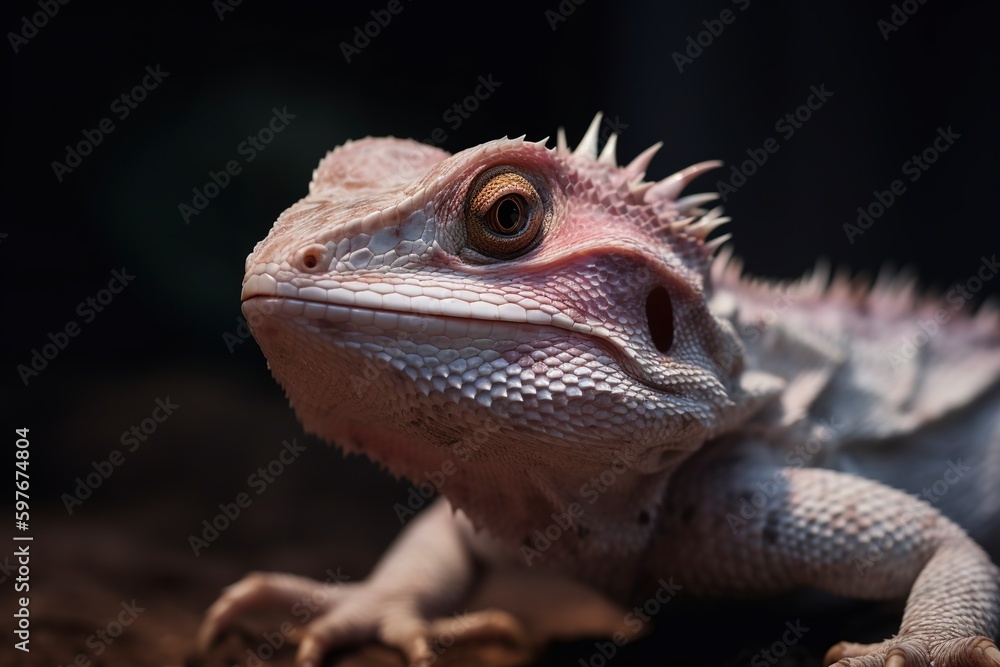 Fototapeta premium Iguana on the side beside a tree trunk in a park, with a hazy background.