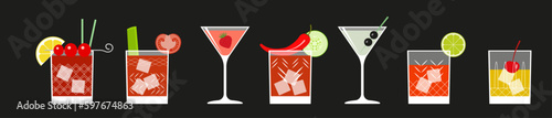 A set of drinks - whiskey, martini, Bloody Mary cocktail. Vector icons, flat design..