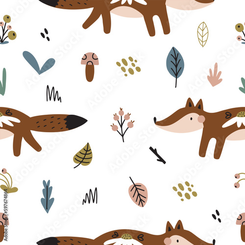 Semless woodland pattern with cute foxes and hand drawn elements. Scandinaviann style childish texture for fabric, textile, apparel, nursery decoration. Vector illustration