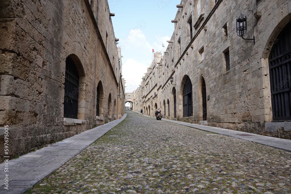 The Street of the Knights, the most famous street in Rhodes old town, Rhodes island, Greece. The Street of the Knights in Rhodes is one of the best preserved medieval monuments in the world.