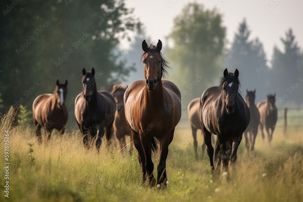 a herd of horses is running in the meadow 