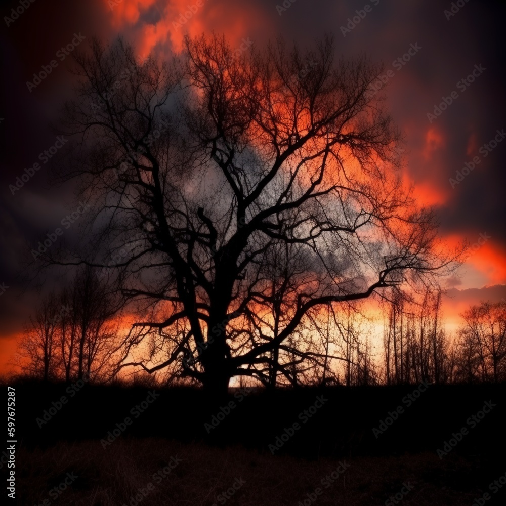 Obraz premium The treescape is silhouetted by the setting sun.