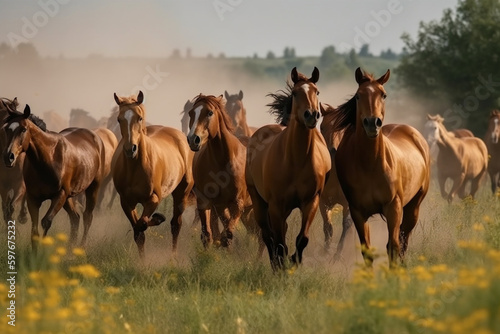 a herd of horses is running in the meadow 