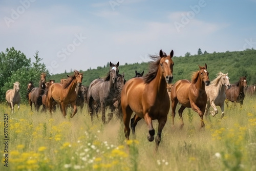 a herd of horses is running in the meadow  © imur