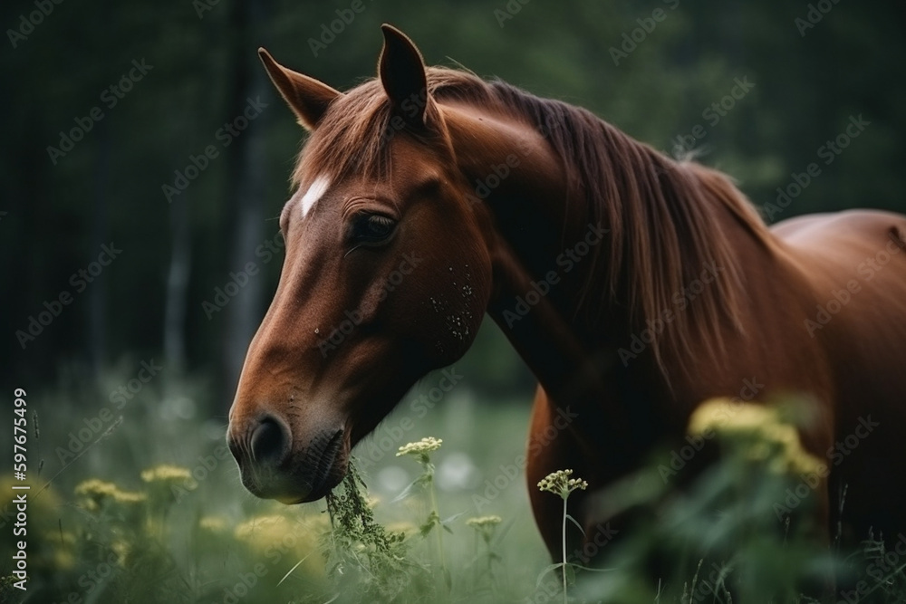 a horse is eating in the meadow
