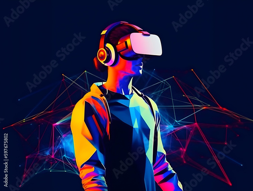 Man with a VR headset and experiencing virtual reality or metaverse.