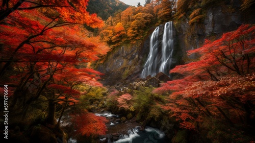 Nature's Symphony: Nachi Falls Amidst Autumn Splendor © Emojibb.Family