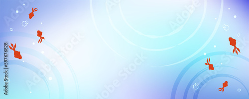 涼し気な青のグラデーションと水面の波紋の背景に赤い金魚のイラスト