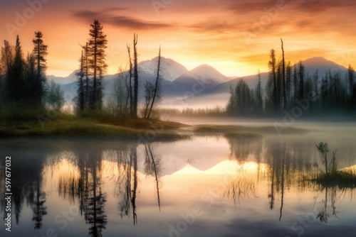 Morning Sunrise over a Colorado Rocky Mountains and Lake with Fog, Stunning Scenic Landscape Wallpaper, Generative AI © Distinctive Images