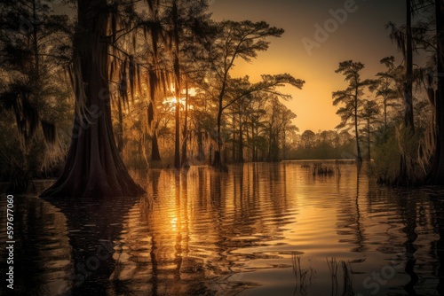 Louisiana Southern Bayou Swamp with Trees at Sunset, Stunning Scenic Landscape Wallpaper, Generative AI