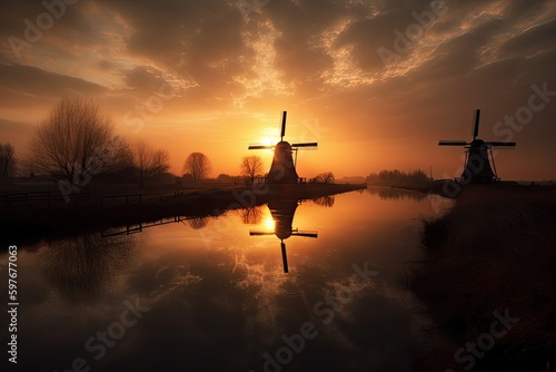 Dutch Windmill in the Netherlands at Sunrise, Landscape Wallpaper Calendar, Generative AI © Distinctive Images