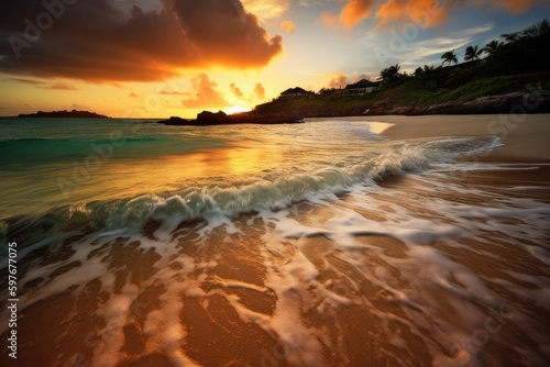 Caribbean Tropical Island Paradise, Sandy Beach at Sunset, Stunning Travel Scenic Landscape Wallpaper, Generative AI