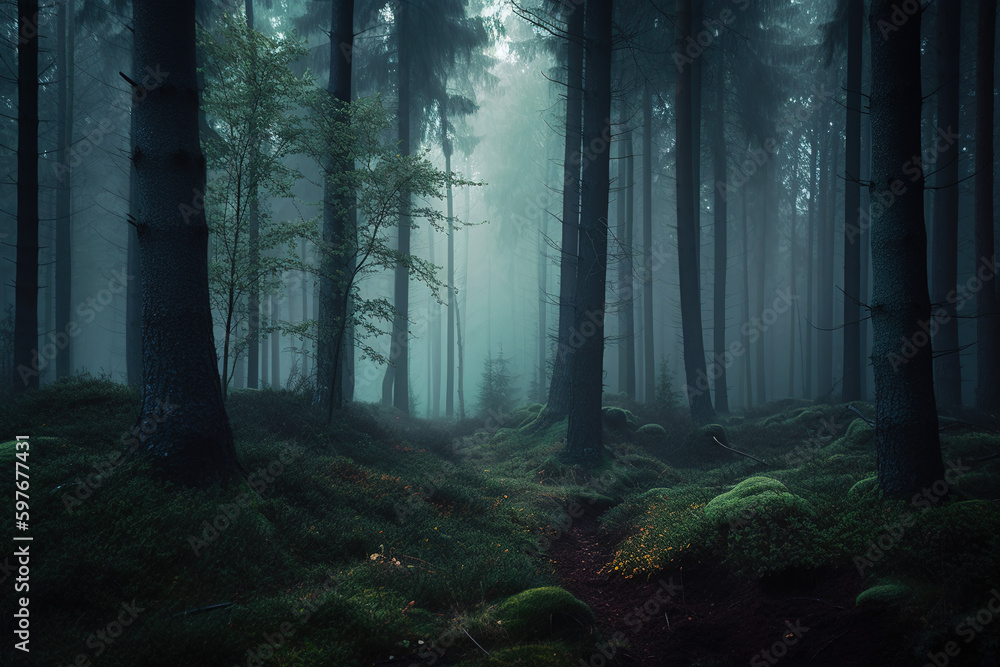 Naklejka premium Misty forest, Tropical rain forest, fog in the forest - Generative AI