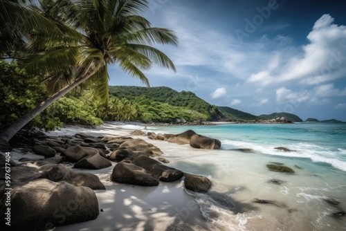 Sunny Caribbean Tropical Island Paradise with Sandy Beach and Palm Trees, Stunning Travel Scenic Landscape Wallpaper, Generative AI © Distinctive Images
