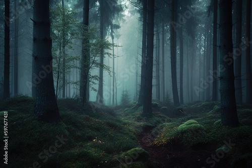 Misty forest, Tropical rain forest, fog in the forest - Generative AI
