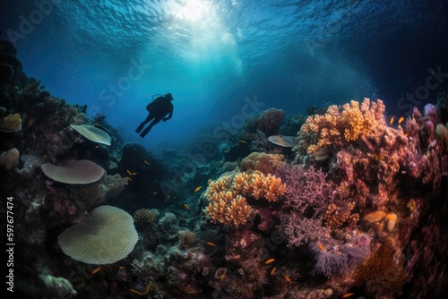 scuba diving in tropical ocean coral reef sea under water  snorkel diver  marine life  travel  tourism  Generative AI