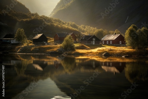 Scandinavia Fjords in Norway and Sweden, House on Water, Stunning Scenic Landscape Wallpaper, Generative AI