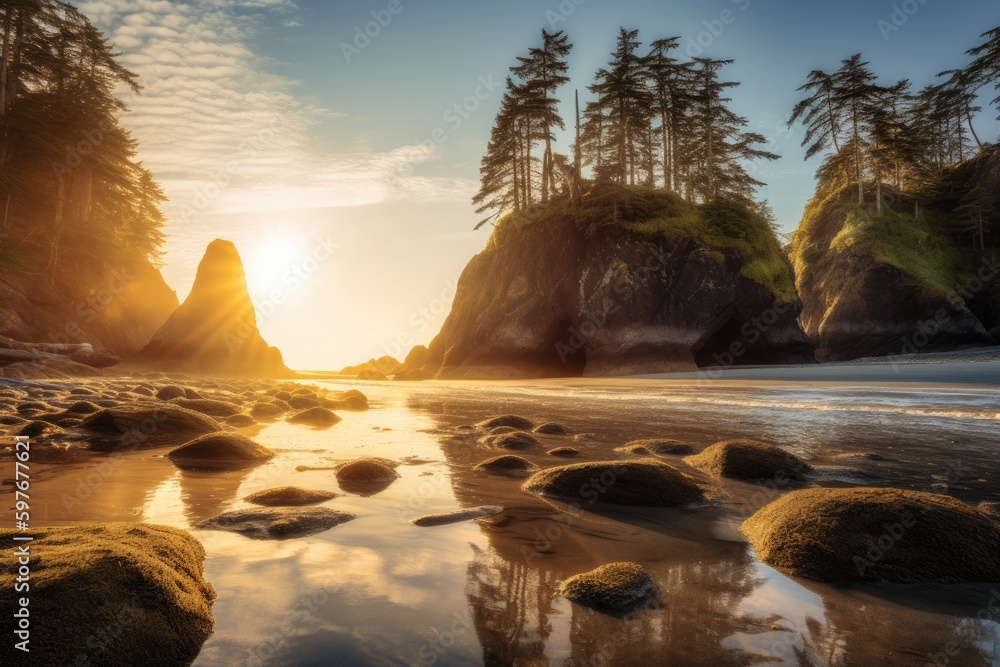 Sunset in the Pacific Northwest Oregon, coastline with rocks, fjords, bays, including Puget Sound, Washington, Stunning Scenic Landscape Wallpaper, Generative AI - obrazy, fototapety, plakaty 