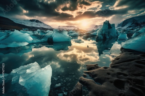 Antarctic Iceberg at Sunset, Glacier Melting and Global Warming, Stunning Scenic Landscape Wallpaper, Generative AI