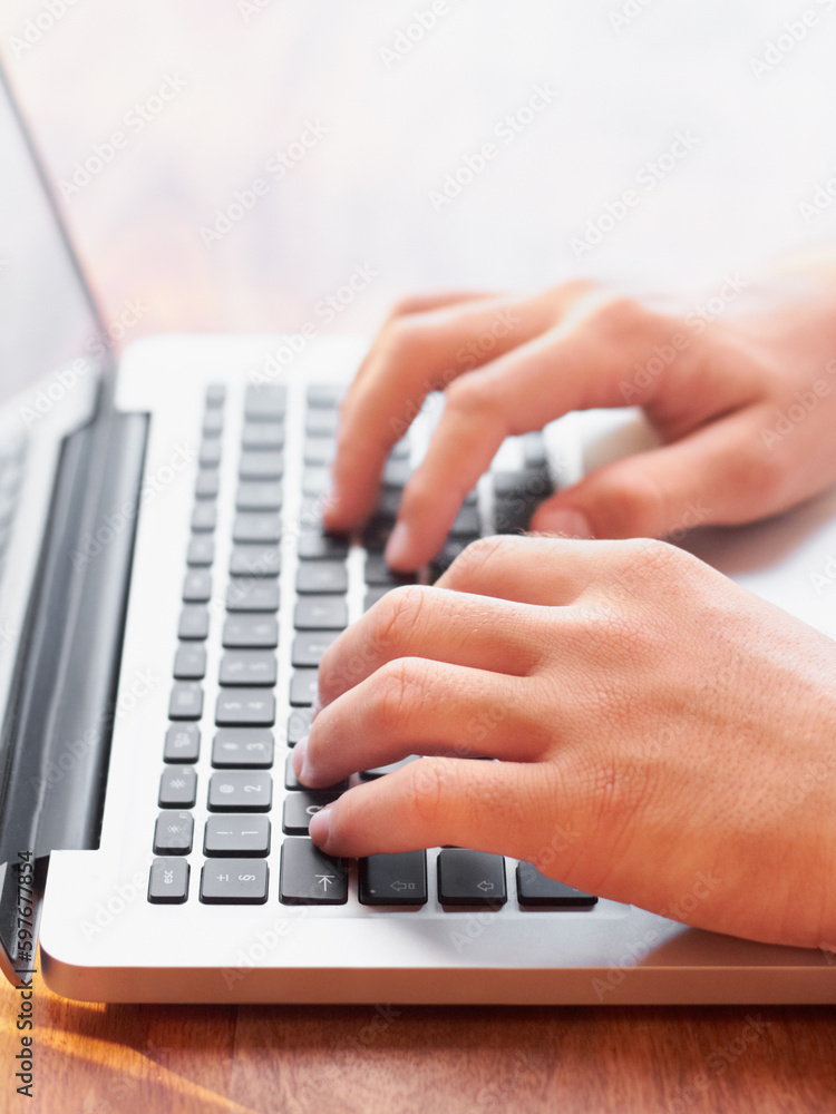 Laptop, typing and hands of business man at desk for research, website and communication. Technology, internet and email with closeup of male employee at computer for planning, digital and networking Laptop, typing and hands of business man at desk for research, website and communication. Technology, internet and email with closeup of male employee at computer for planning, digital and networking