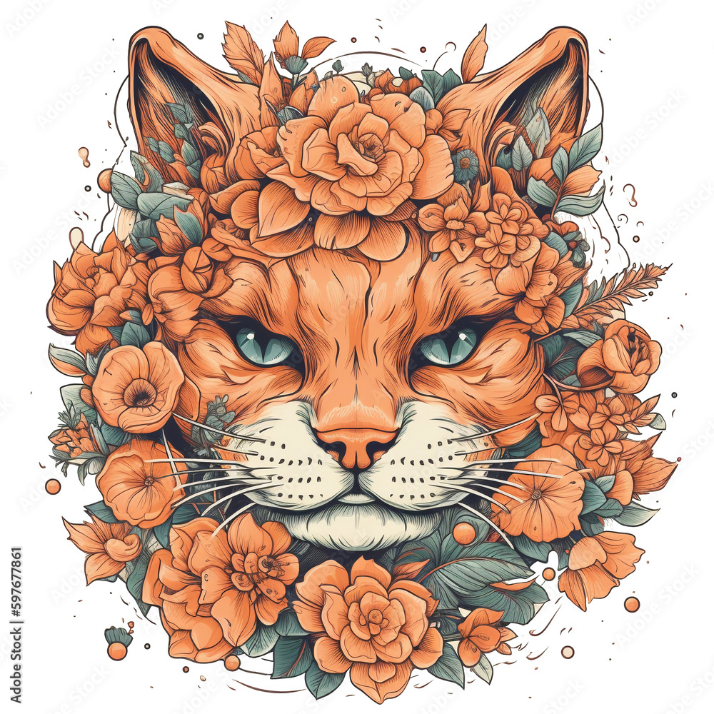 Illustration cat with flowers AI Generative