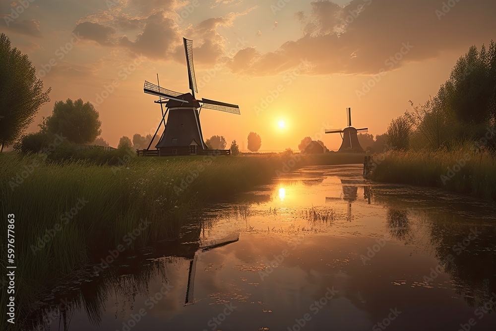 Dutch Windmill in the Netherlands at Sunrise, Landscape Wallpaper Calendar, Generative AI