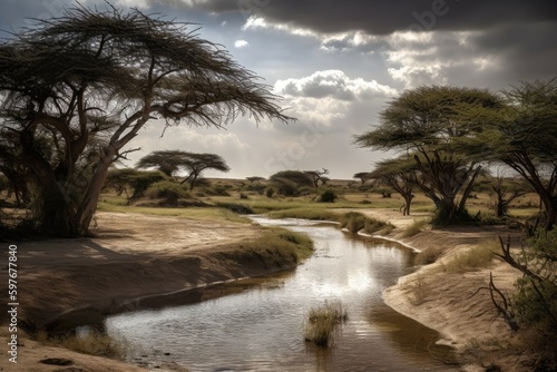 African Watering Hole in Desert, Stunning Scenic Travel Landscape Wallpaper, Generative AI
