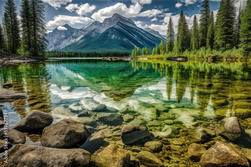 Canadian Rockies with Crystal Clear Lake near National Parks of Banff and Jasper, Stunning Scenic Landscape Wallpaper, Generative AI