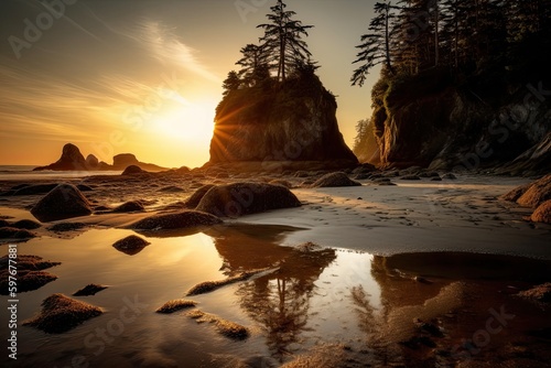 Pacific Northwest Oregon, coastline with rocks, fjords, bays, including Puget Sound, Washington, Stunning Scenic Landscape Wallpaper, Generative AI