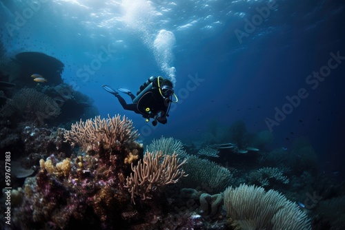 scuba diving in tropical ocean coral reef sea under water, snorkel diver, marine life, travel, tourism, Generative AI